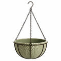 Pot de fleurs suspendu diamètre 25 cm en céramique vert avec support métallique décor feuillage
