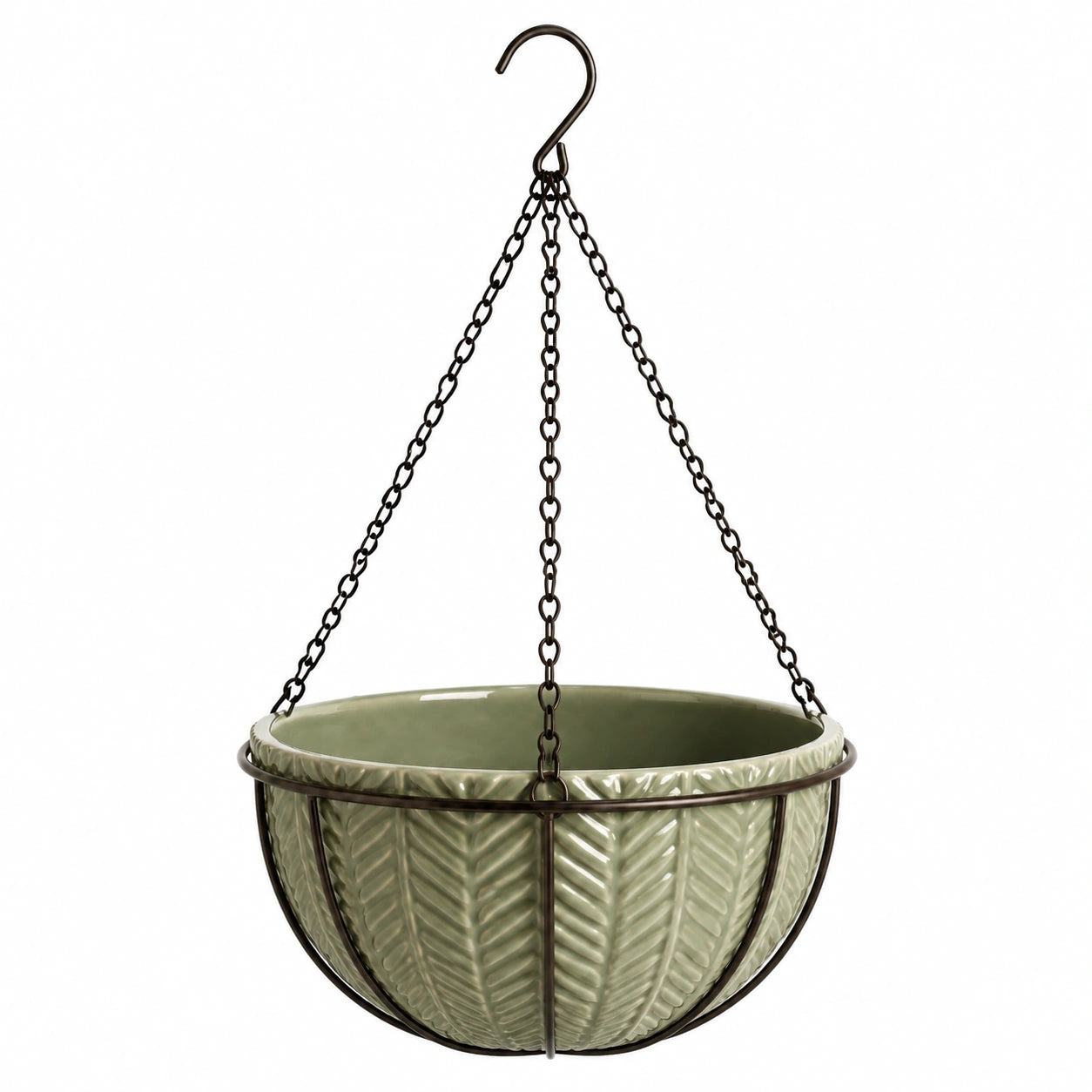 Pot de fleurs suspendu diamètre 25 cm en céramique vert avec support métallique décor feuillage