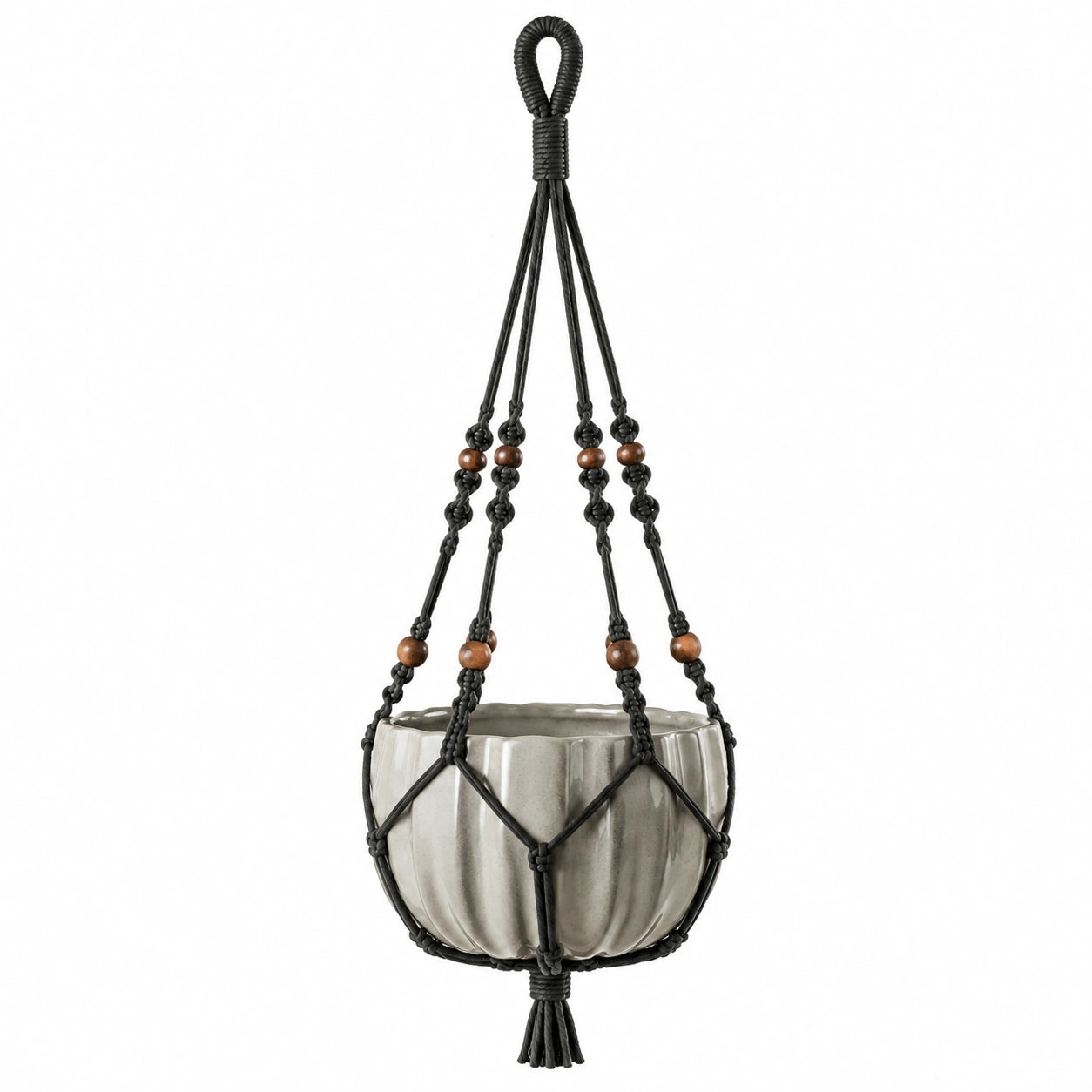 Pot de fleurs suspendu Ø15 cm en céramique beige avec suspension macramé noire pour intérieur