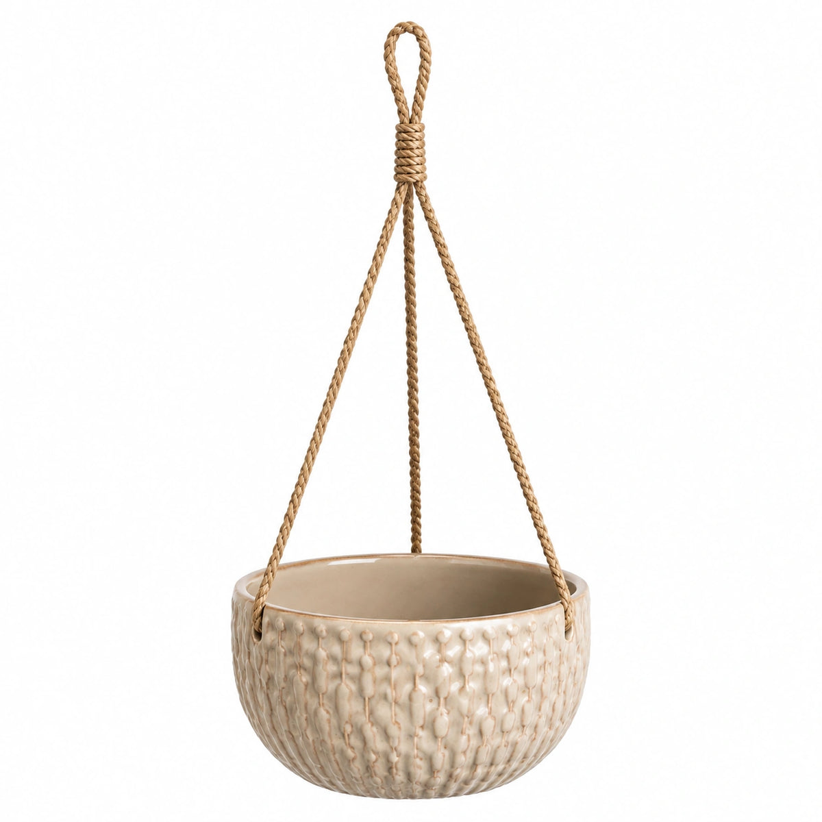 Pot de fleurs suspendu 18 cm en céramique beige avec corde tressée décoratif
