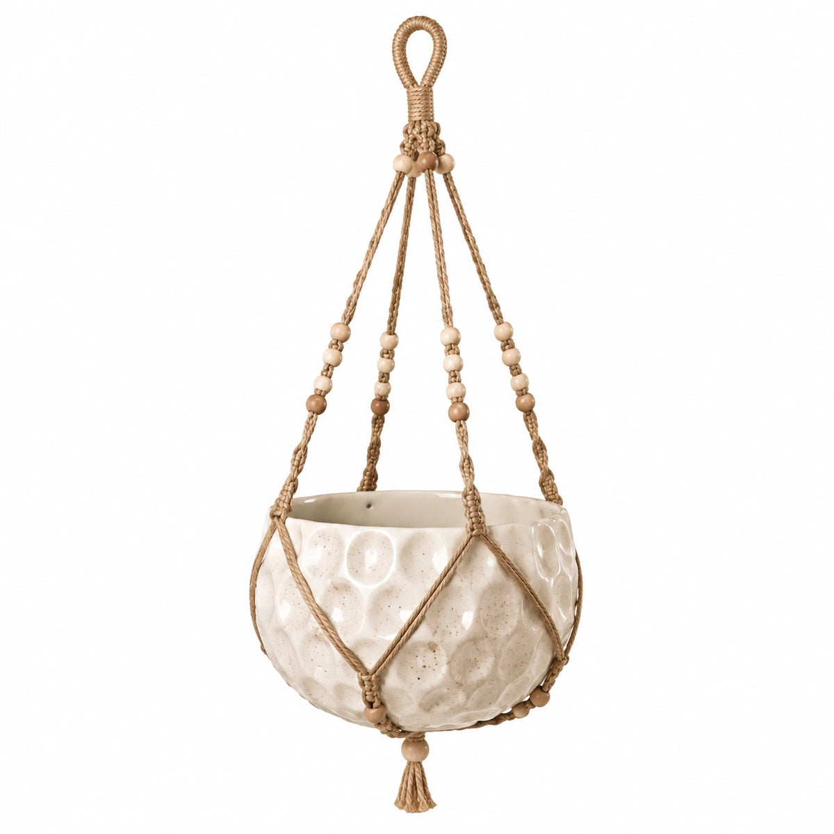 Pot de fleurs suspendu 16 cm en céramique beige avec suspension tressée style bohème