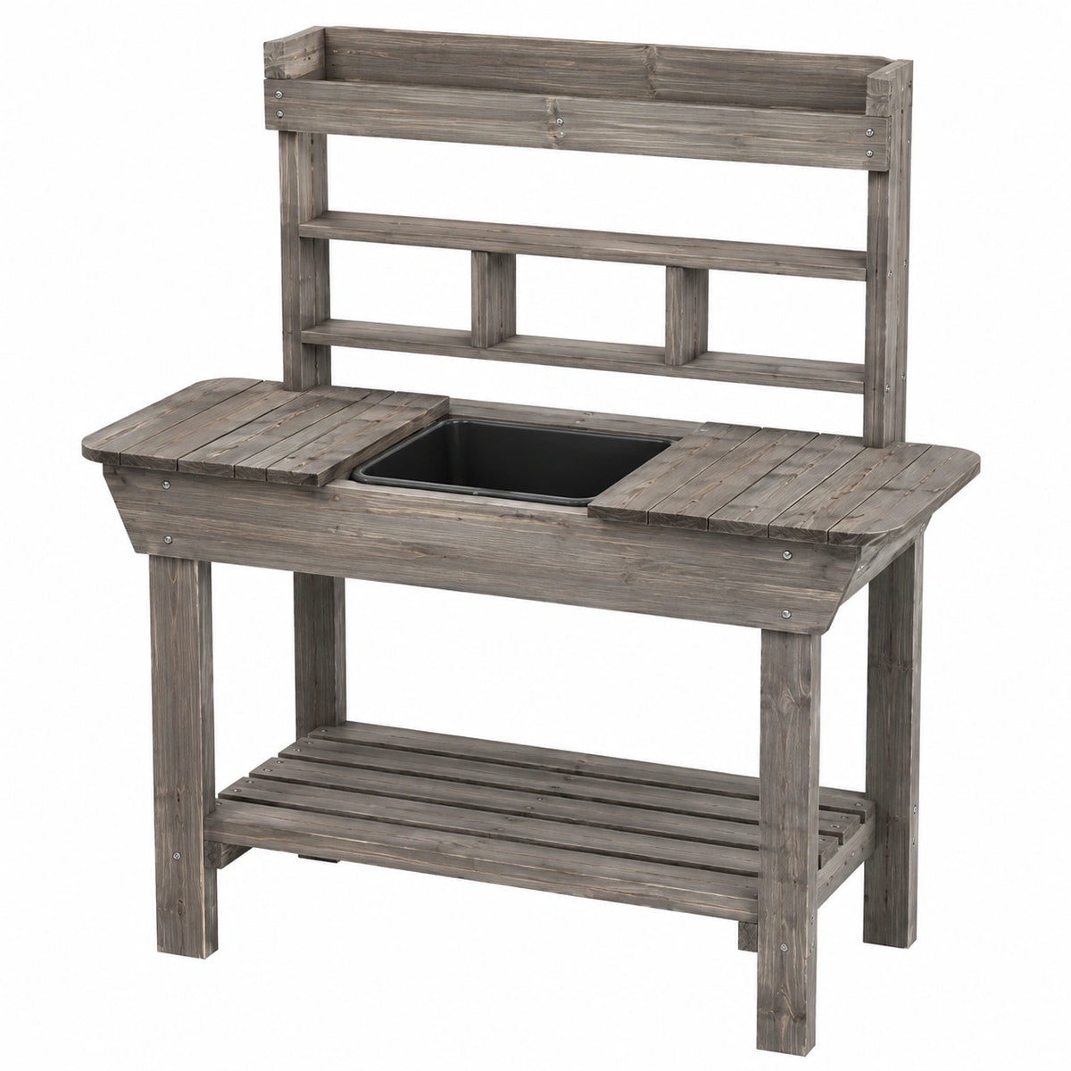 Établi de jardin 120 cm en bois gris avec bac de rempotage et étagères