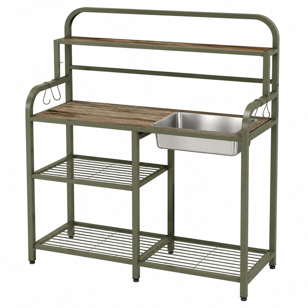 Table de jardinage 100 x 50 x 150 cm en acier vert avec plateau effet bois évier et rangement