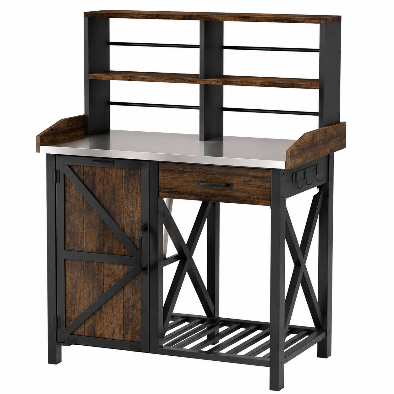 Établi de jardin 110 x 55 x 165 cm bois et acier brun noir avec plan de travail et rangements