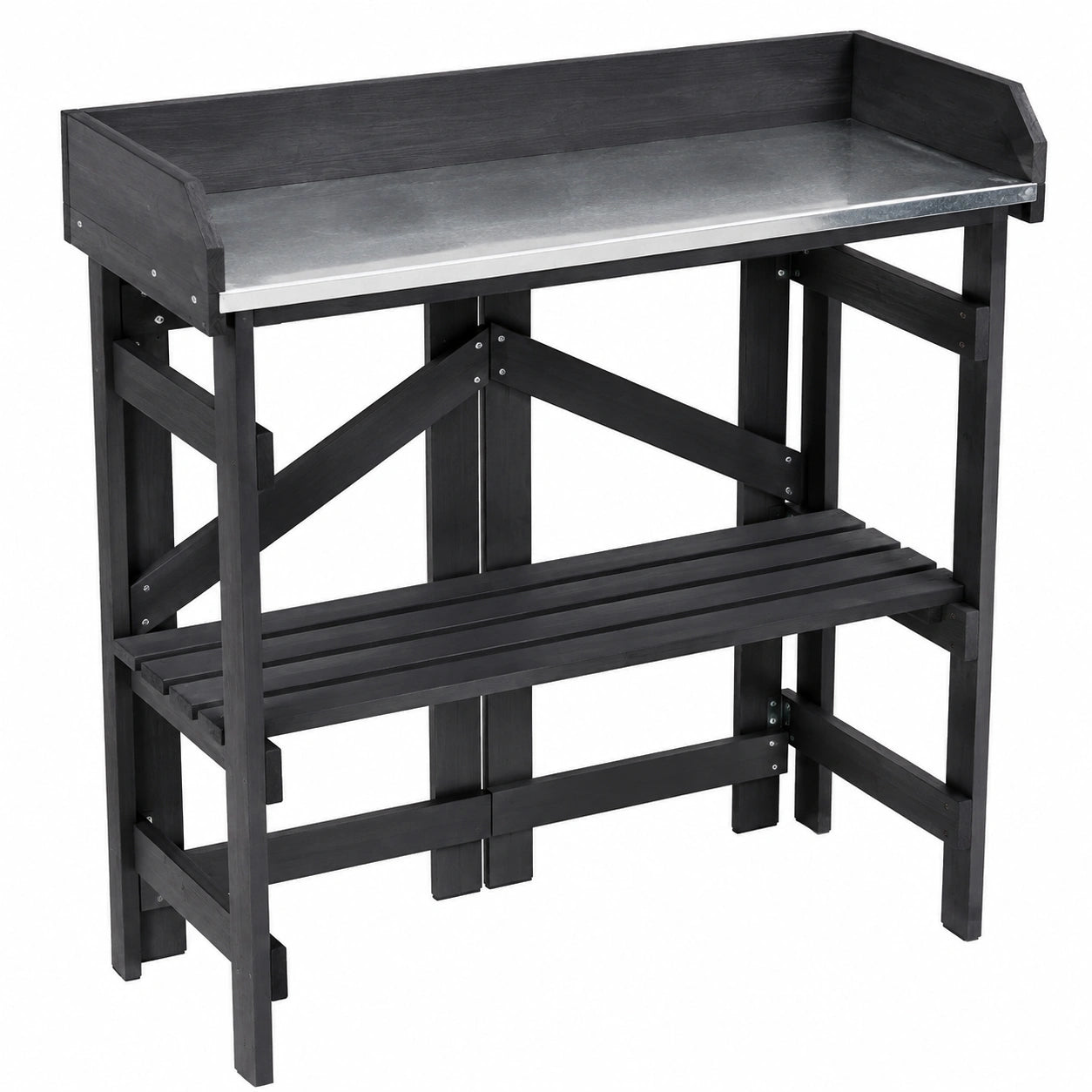 Table de jardinage 120 x 50 x 110 cm en bois noir avec plateau galvanisé et étagère