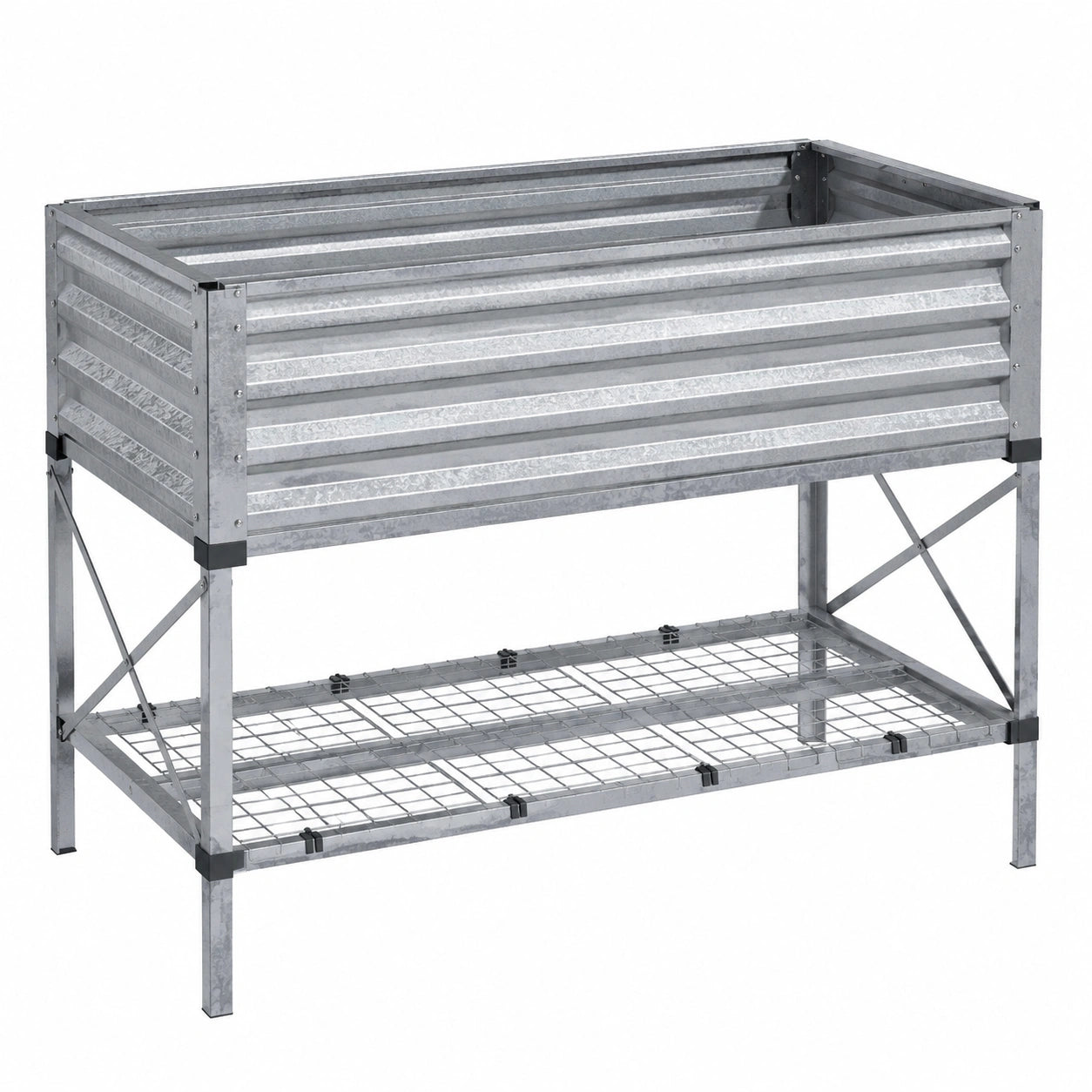 Jardinière surélevée 120 x 60 x 80 cm en acier galvanisé grise avec étagère de rangement