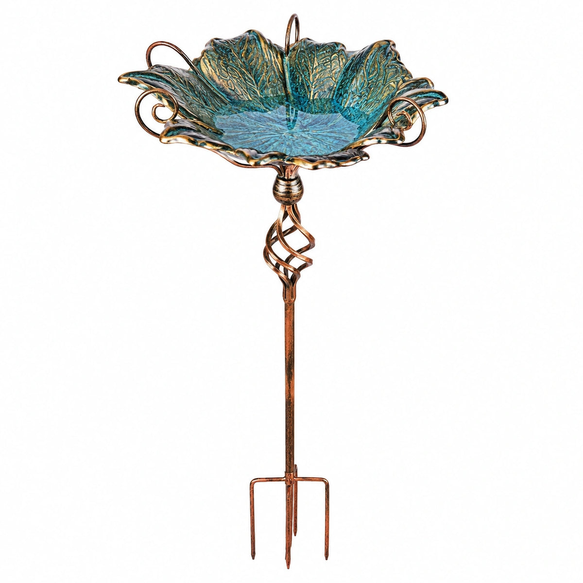 Bain d oiseaux sur pied 38 cm x 120 cm en métal turquoise et cuivre décoratif pour jardin