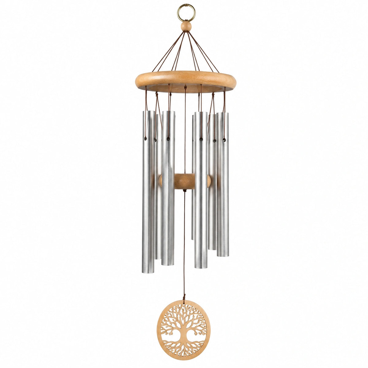 Carillon éolien 90 cm en aluminium et bois naturel avec motif arbre décoratif