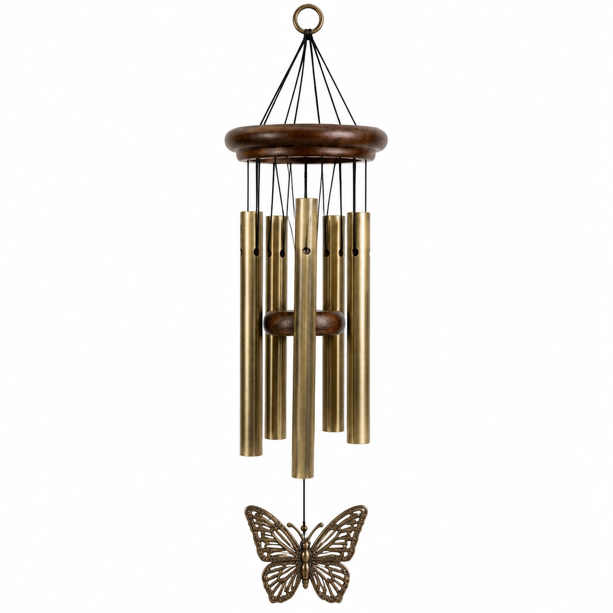 Carillon à vent 75 cm en métal et bois bronze avec papillon décoratif