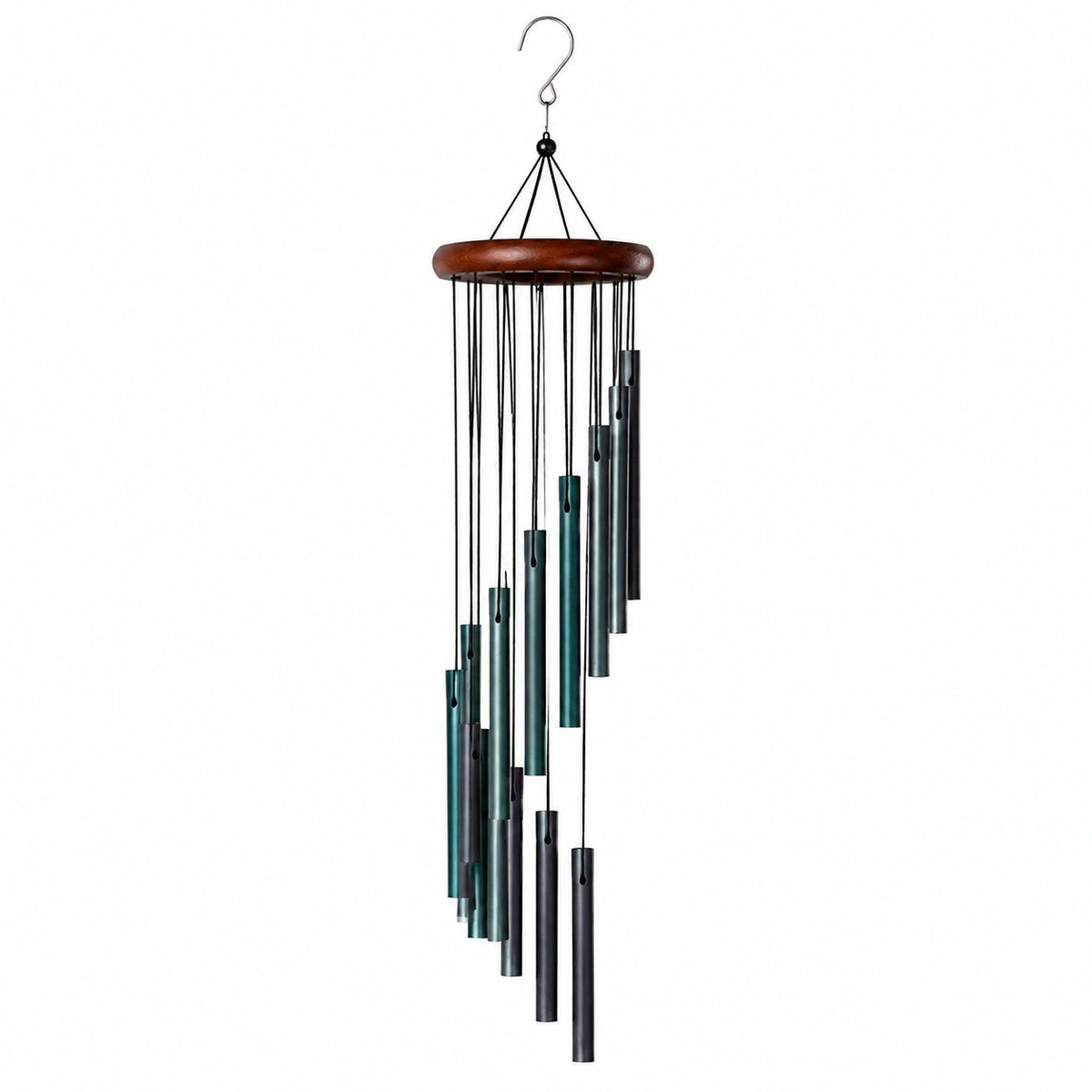 Carillon à vent 80 cm en métal et bois brun vert pour décoration suspendue