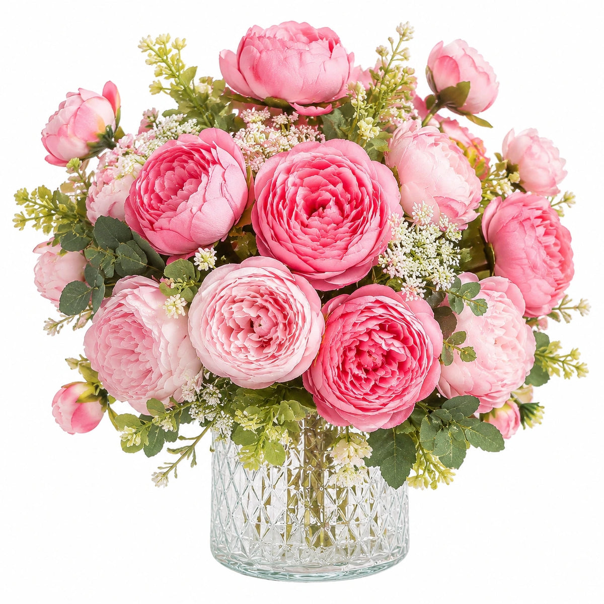 Composition florale artificielle 55 cm en polyester rose avec vase en verre pour décoration intérieure