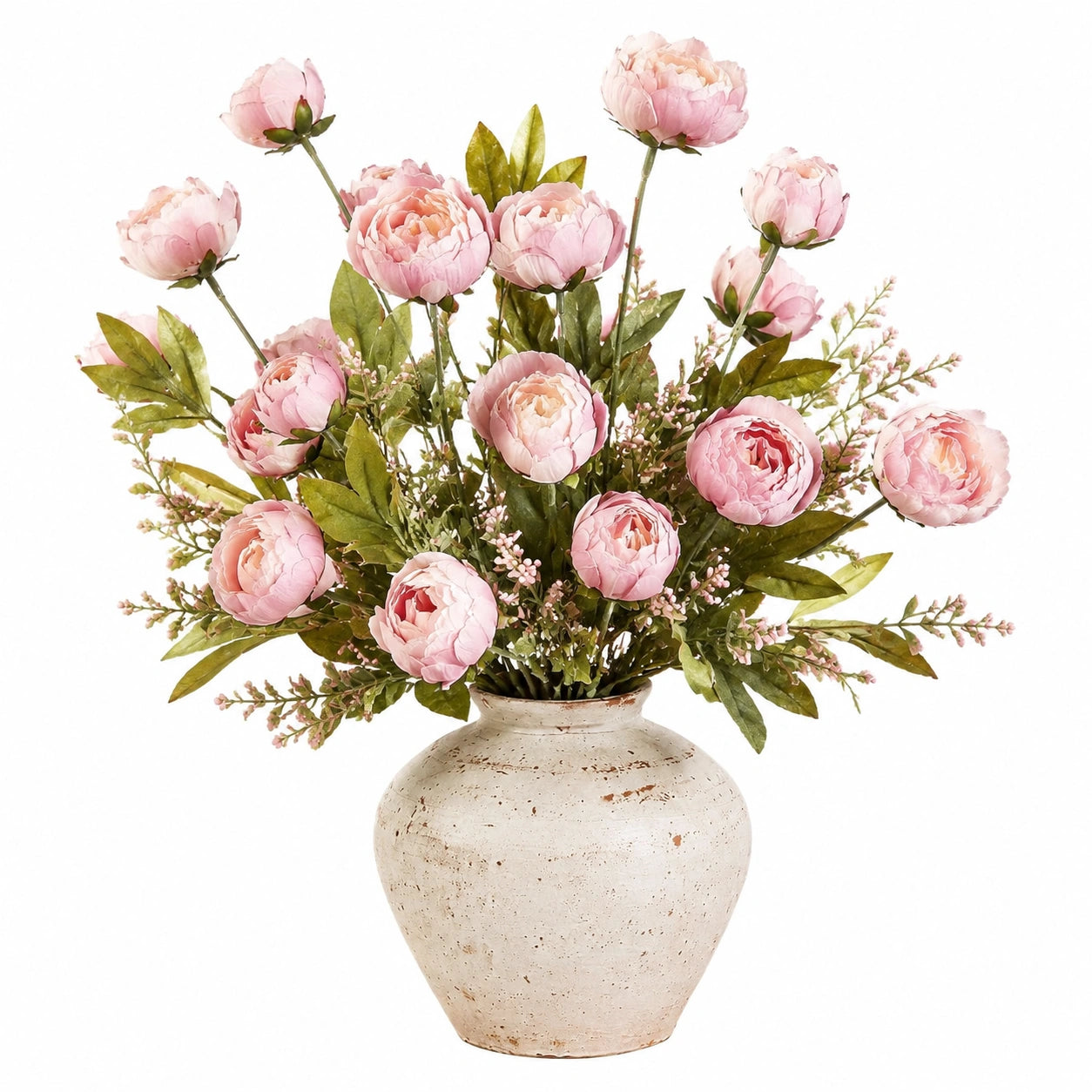 Composition florale artificielle en pot 75 cm rose et vert en tissu pour décoration intérieure style champêtre