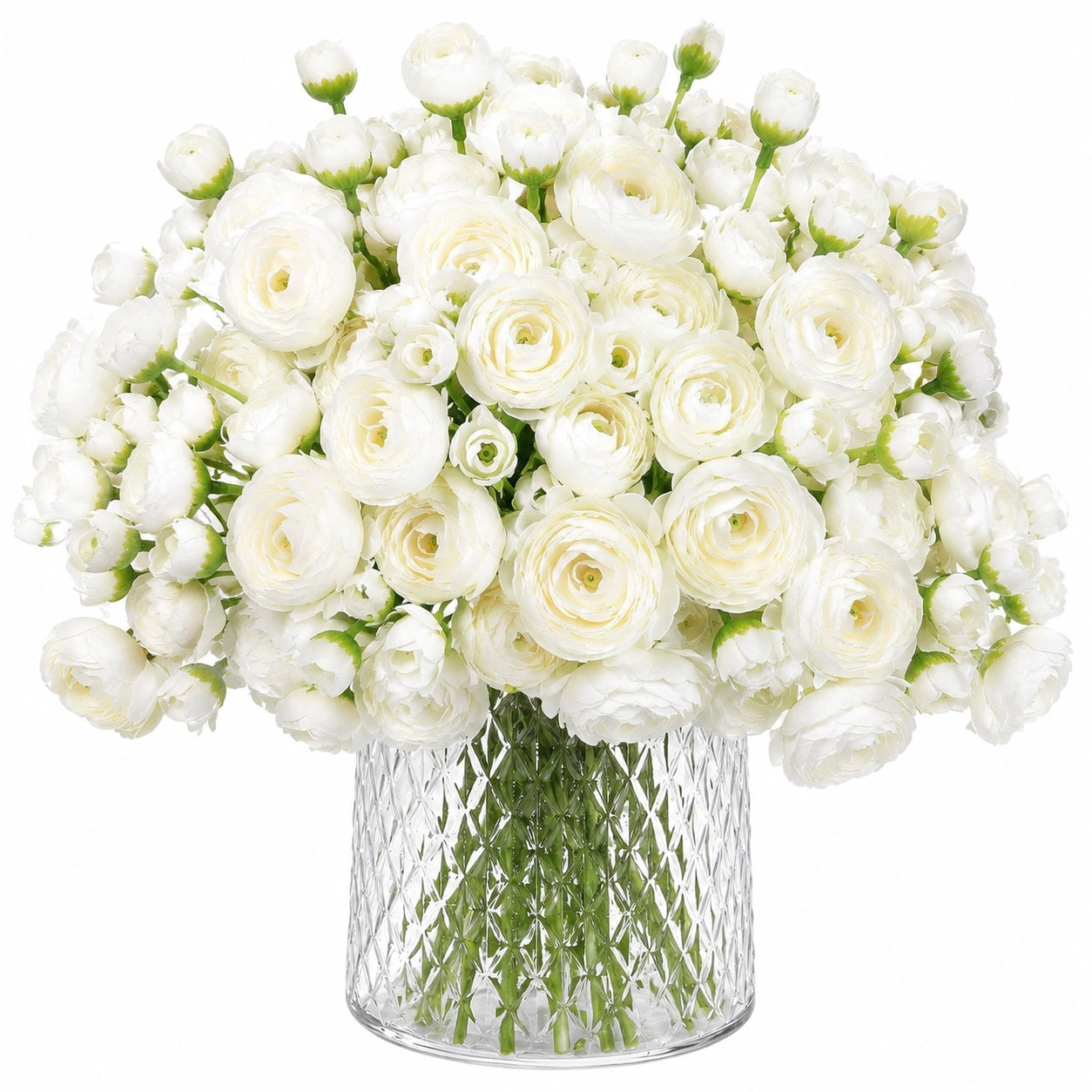 Bouquet de fleurs artificielles 55 cm blanc en tissu décoratif avec vase transparent