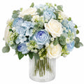 Composition florale artificielle 45 cm bleu blanc avec vase en verre style décoratif