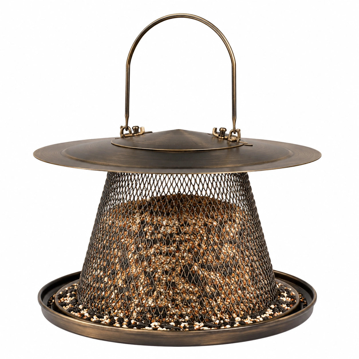 Mangeoire à oiseaux diamètre 30 cm métal bronze suspendue avec toit protecteur