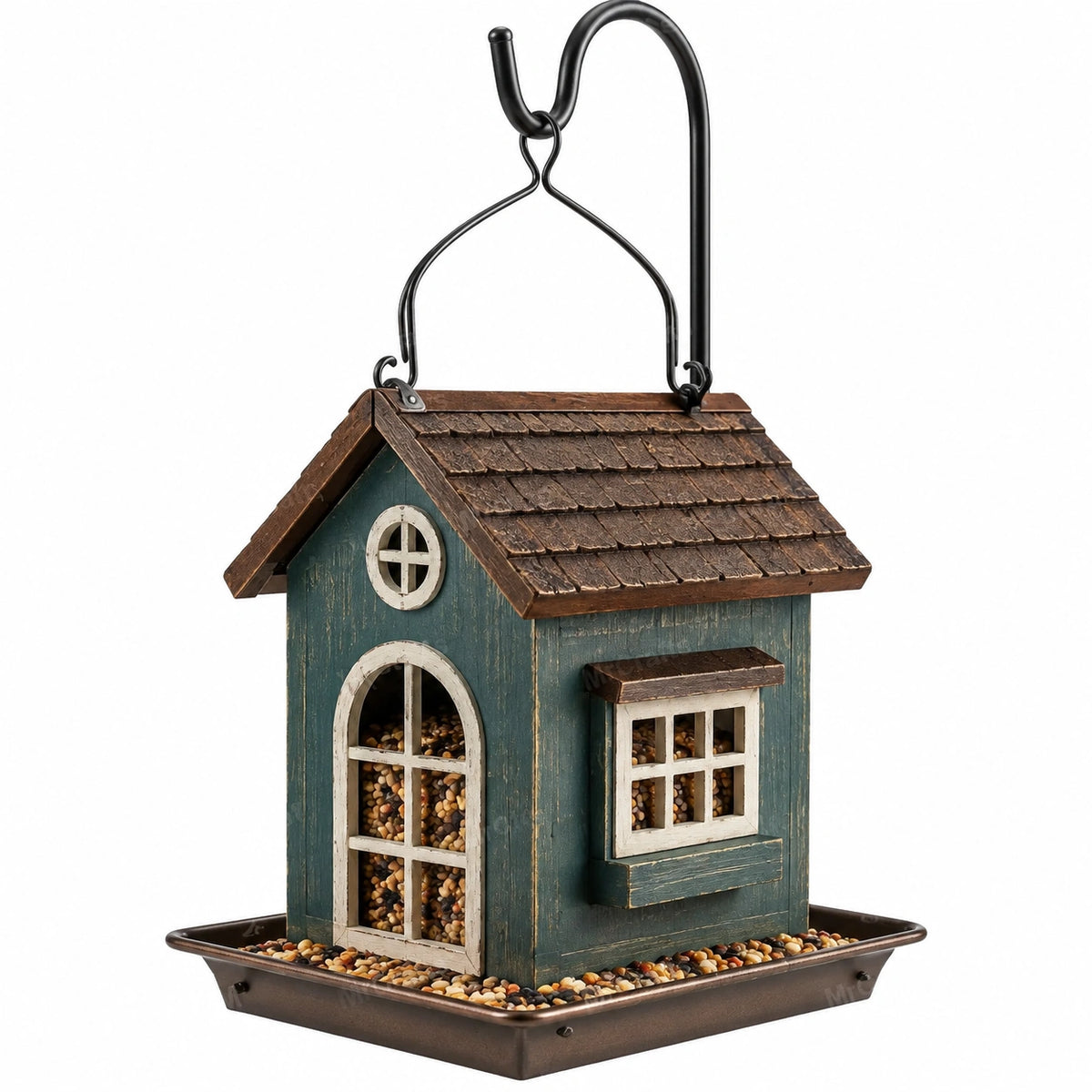 Mangeoire à oiseaux 30 x 25 x 38 cm en bois vert et métal suspendue style maison
