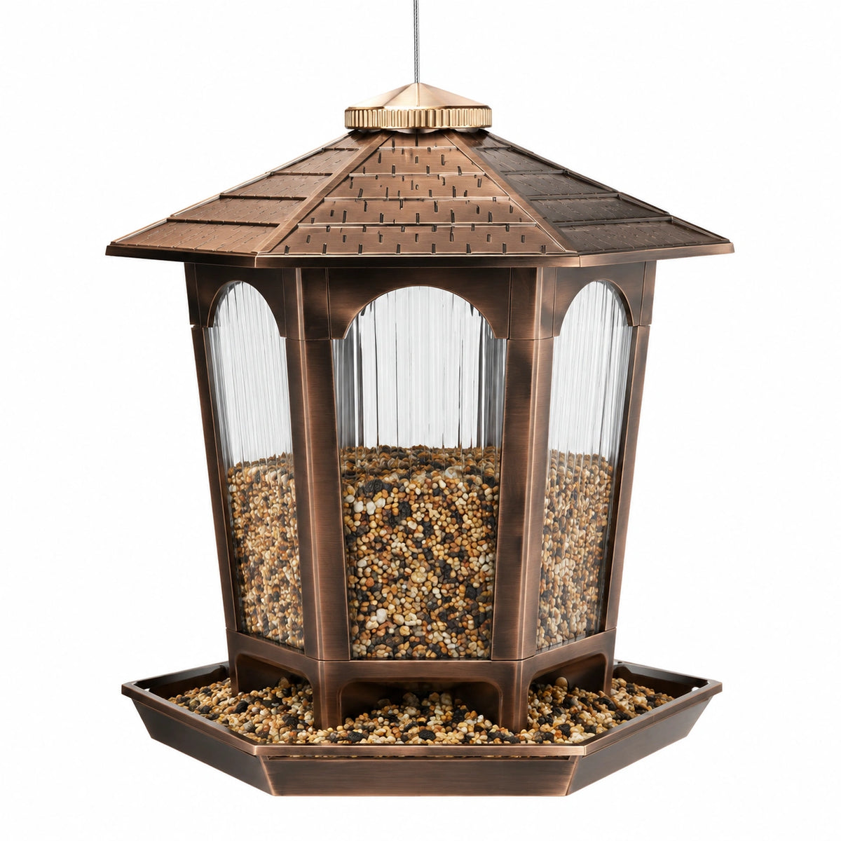 Mangeoire à oiseaux suspendue 30 x 30 x 38 cm en métal brun avec panneaux en verre pour extérieur