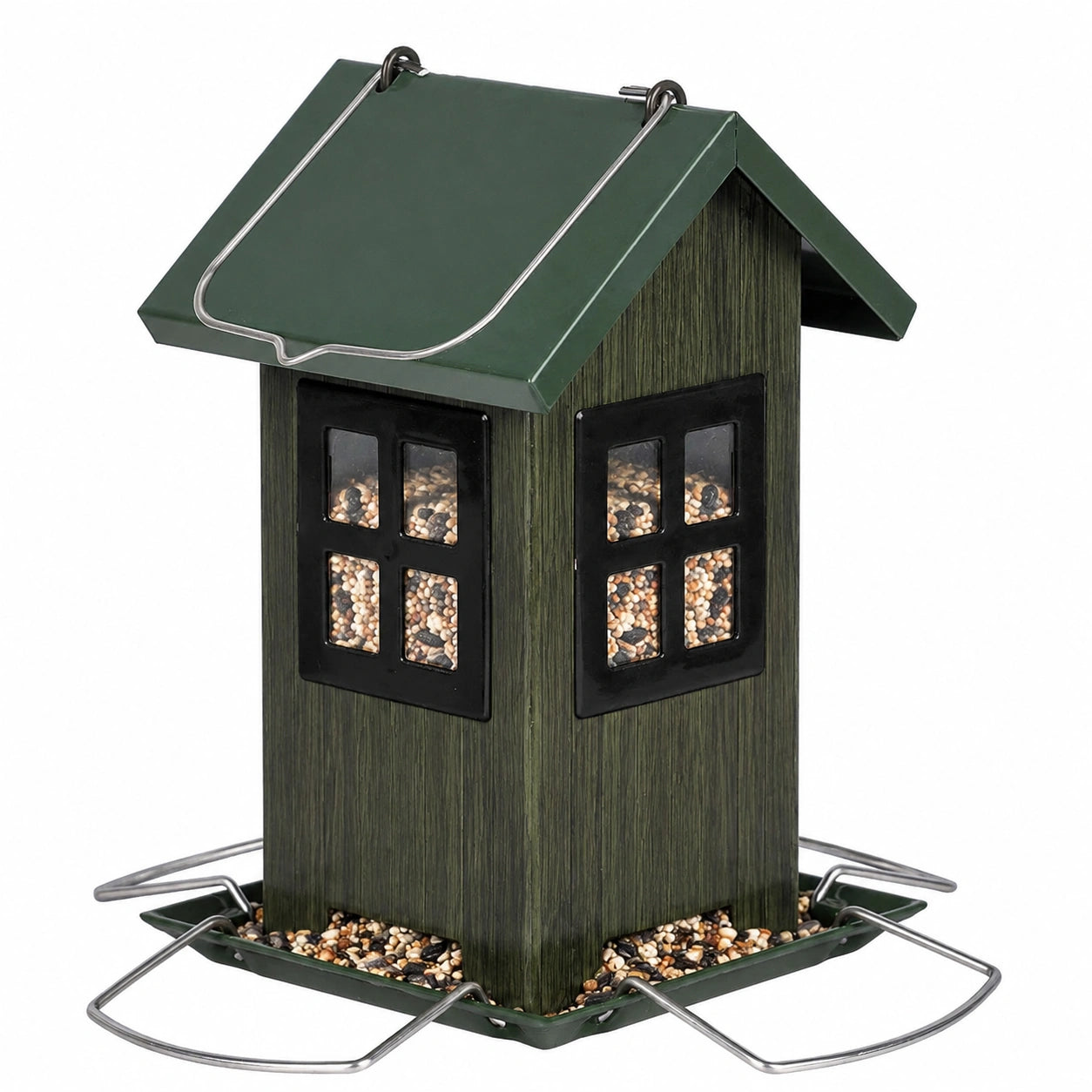 Mangeoire à oiseaux 24 x 24 x 32 cm en plastique vert avec toit et perchoirs métalliques