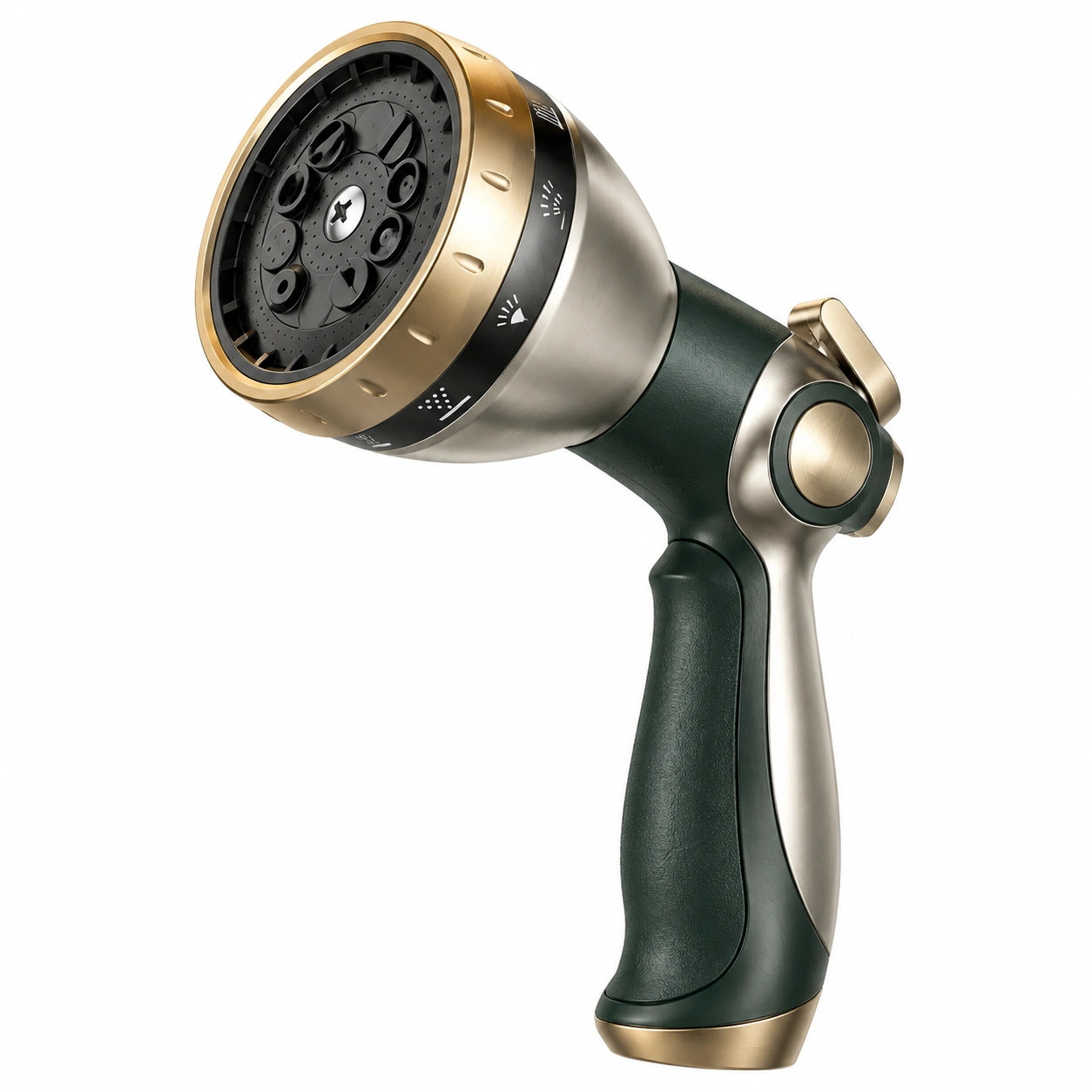 Pistolet d'arrosage 25 cm métal et plastique vert foncé doré multi-jets réglables